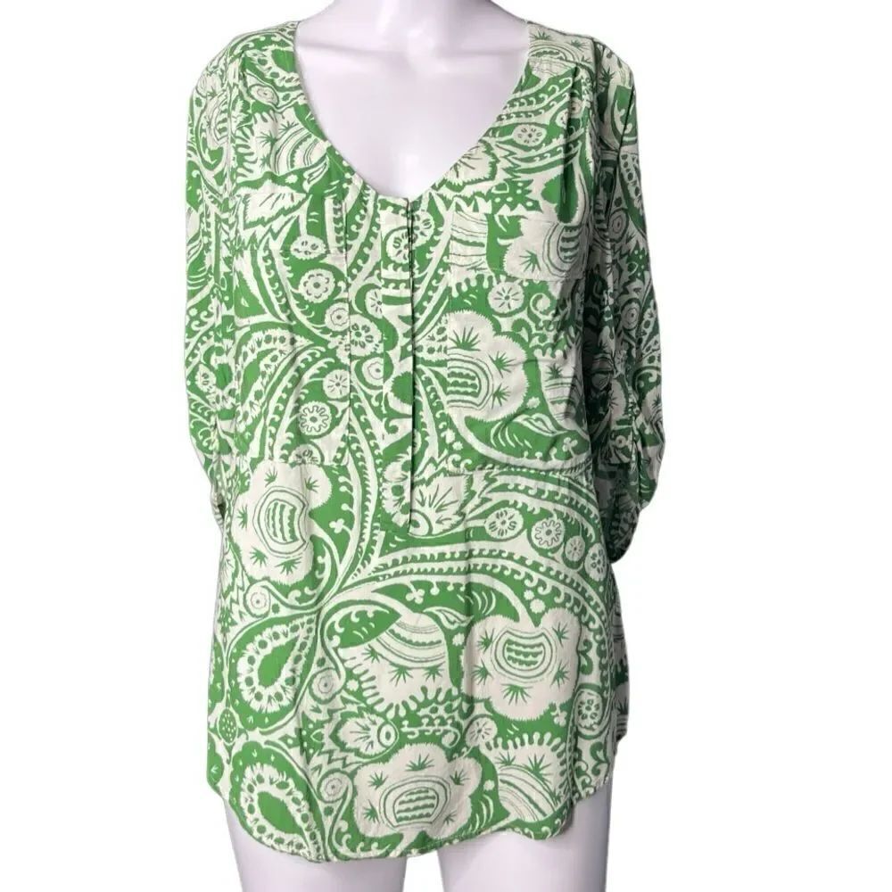 Anthropologie Maeve Charleston Paisley Short Sleeve Blouse Green  White Small